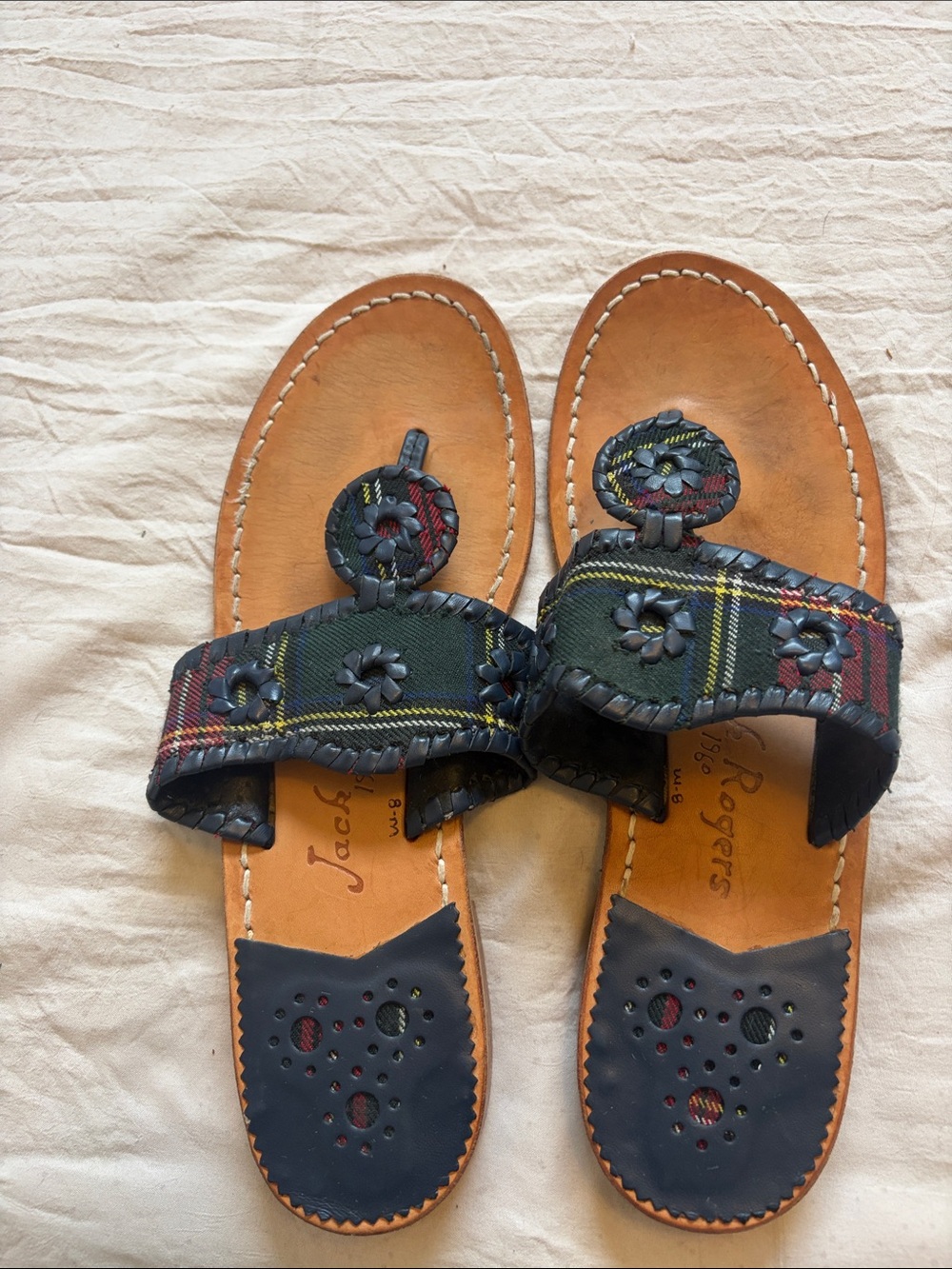 Jack Rogers Navy Plaid Leather Thong Sandals with Tan Footbed